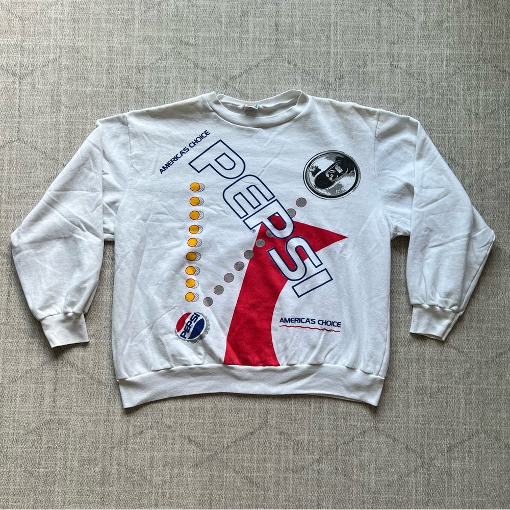 Vintage 1980s Pepsi Cola Soda AOP Graphic Men’s White Crewneck Sweater MEDIUM